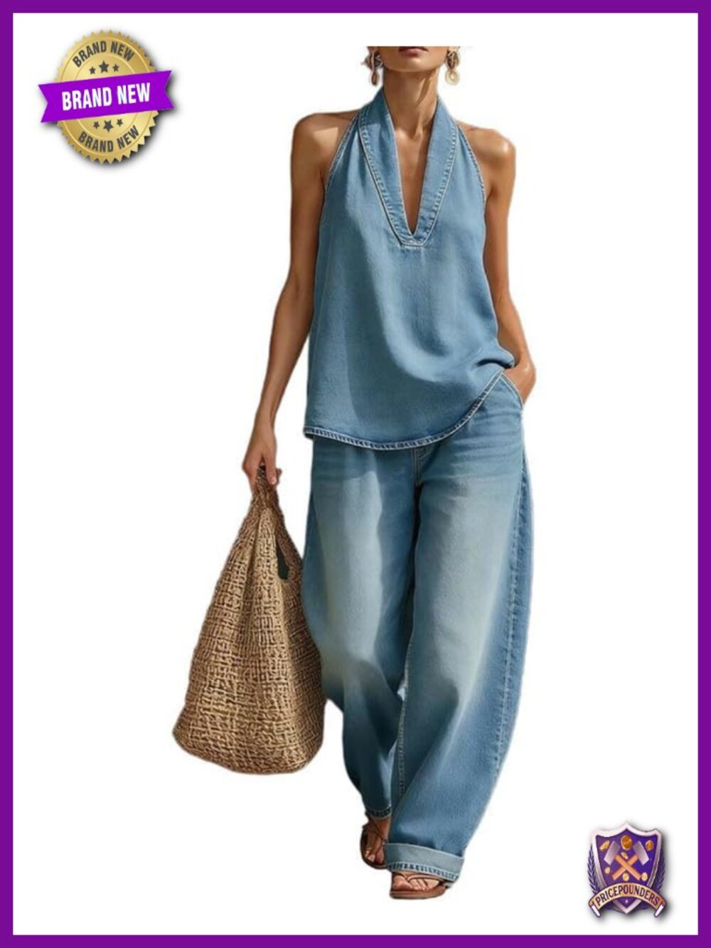 Womens 2 Piece Denim Set Sleeveless Halter Tank Wide Leg Jeans Outfit